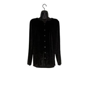 Lands End Black Velvet Floral Button-Up Womens Blouse Size S